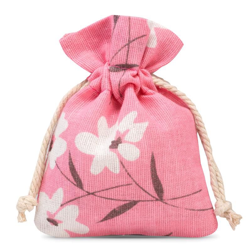 5 uds. Bolsa de lino con la impresión 10 x 13 cm - natural flores rosadas -  Saketos