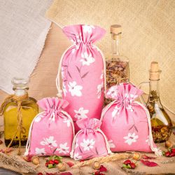 Bolsa estilo lino con la impresión 22 x 30 cm - natural / flores rosadas Bolsas grandes de lino