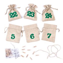 Calendario de Adviento bolsas de yute 11 x 14 cm: natural + números verde Bolso de la Navidad