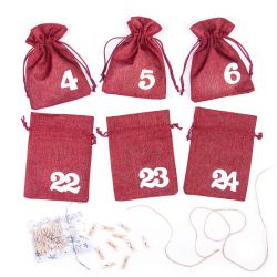 Calendario de Adviento bolsas de yute 13 x 18 cm: granate + números blancos Bolso de la Navidad