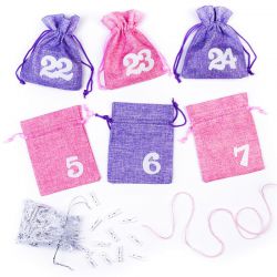 Bolsas de yute con calendario de adviento, tamaño 12 x 15 cm, rosa y violeta + números blancos Bolso de la Navidad