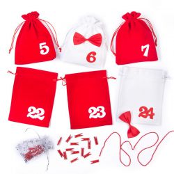Bolsas de terciopelo con calendario de adviento, tamaño 15 x 20 cm - rojo y blanco + números blancos y rojos Bolsas de ter