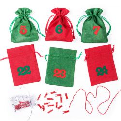 Bolsas de yute con calendario de adviento, tamaño 12 x 15 cm - verde y rojo + números rojos y verdes Bolso de la Navidad