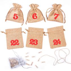 Calendario de adviento bolsas de yute 12 x 15 cm: marrón claro + números rojos Bolsa de yute