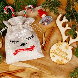 Bolsa de yute 13 x 18 cm: Navidad + bola de madera con cuernos Idea de regalo