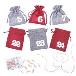 Calendario de Advienyo bolsas de yute 12 x 15 cm: plateado y granate + números blancos Bolso de la Navidad