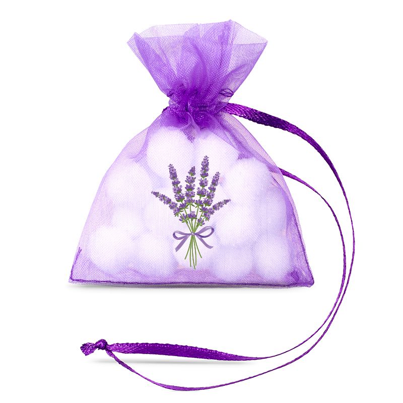 10 uds. Bolsas de organza 7 x 9 cm - violeta oscuro con impresión lavanda