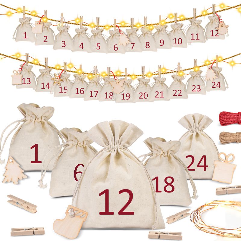Calendario de Adviento, 24 uds Bolsas de 100% algodón 10 x 13 cm + accesorios navideños