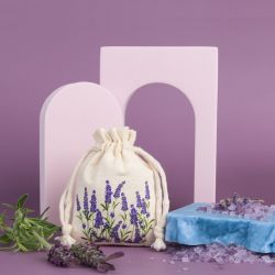 Bolsas de algodón 8 x 10 cm - natural con impresión lavanda Bolsas con impresion