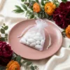 Bolsas de organza blancas con almendras para invitados.