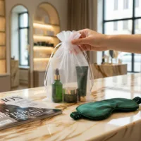 Bolsa de organza blanca como envoltorio elegante para un set de cosmética spa.