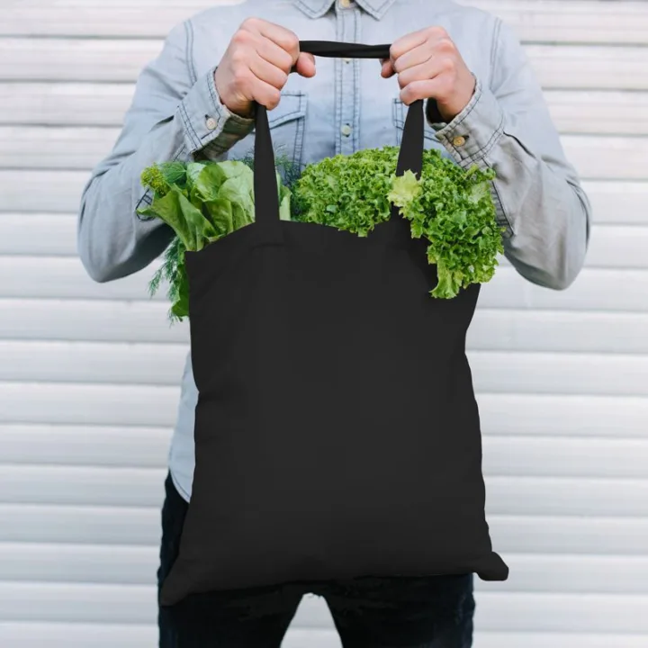 Bolsa de algodón 38 x 42 cm con asas largas - negro Bolsas de la compra con asas