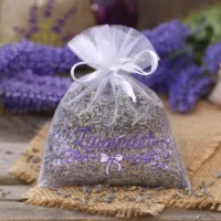Bolsas de organza 10 x 13 cm - blanco con impresión (lavanda) Bolsas blancas