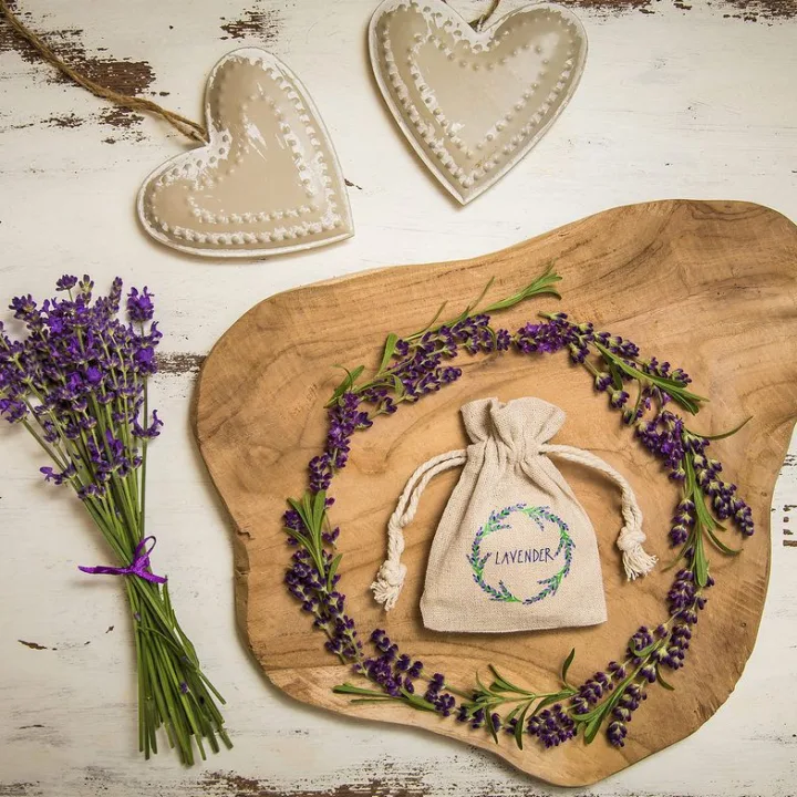 Bolsitas estilo lino 10 x 13 cm con la impresión - natural / lavanda Bolsas pequeñas 10x13 cm