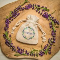 Bolsitas estilo lino 9 x 12 cm con la impresión - natural / lavanda Bolsas de lino