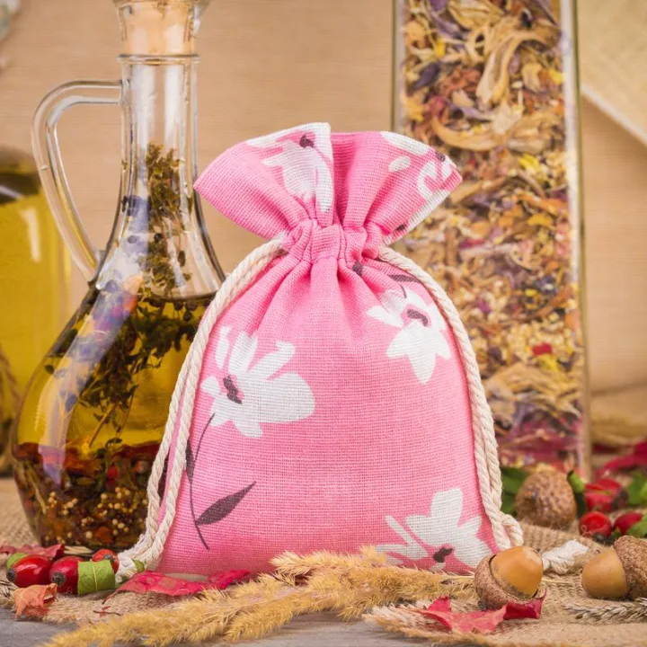 Bolsitas estilo lino con la impresión 12 x 15 cm - natural / flores rosadas Para mascota