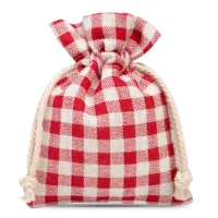 Bolsitas estilo lino con la impresión 10 x 13 cm - natural / enrejado rojo Bolsas pequeñas 10x13 cm