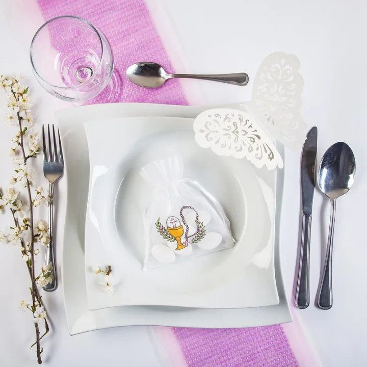 Bolsas de organza 10 x 13 cm blancas con impresión Decoraciones de mesa