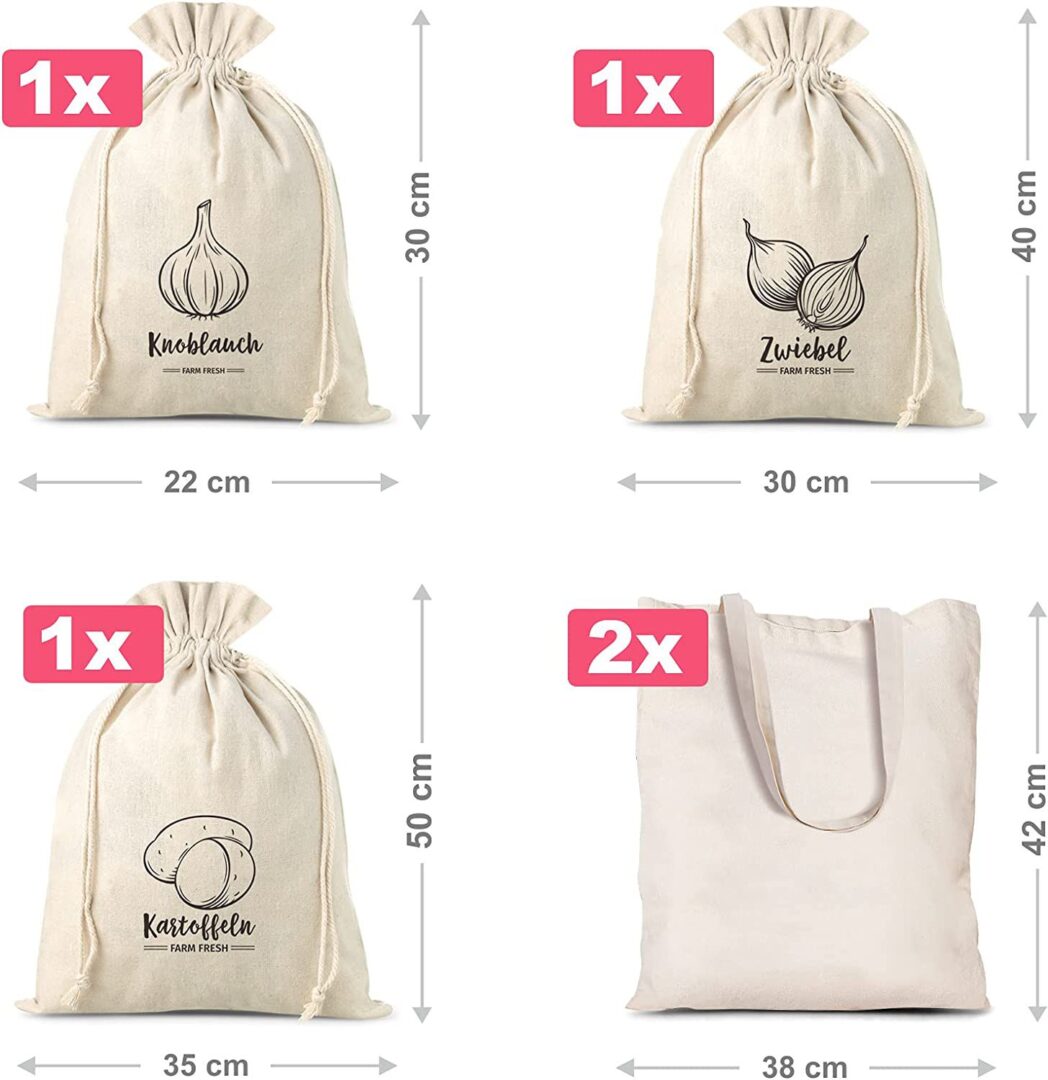 Bolsas estilo lino para verduras (3 uds) y bolsas de compra de algodón (2 uds) (EN) Bolsas de algodón