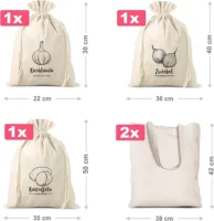 Bolsas estilo lino para verduras (3 uds) y bolsas de compra de algodón (2 uds) (EN) Bolsas de algodón