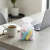 Bolsita de organza para organizar tizas de colores junto a una taza de café.