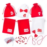 Bolsas de terciopelo con calendario de adviento, tamaño 15 x 20 cm - rojo y blanco + números blancos y rojos Bolsas de ter