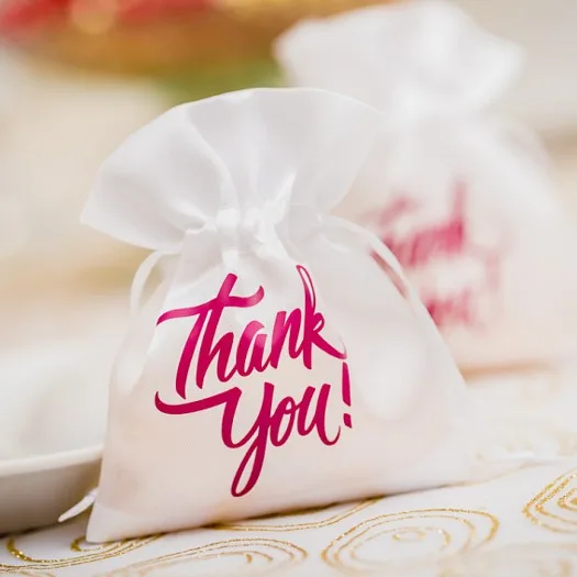 Bolsa de satén blanca con impresión "Thank You" para envolver regalos y pequeños obsequios