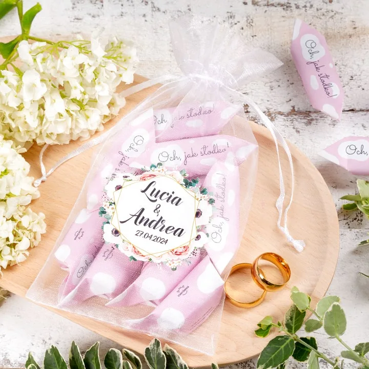 Bolsa de organza personalizada para dulces de boda con nombres de los novios y detalles para invitados