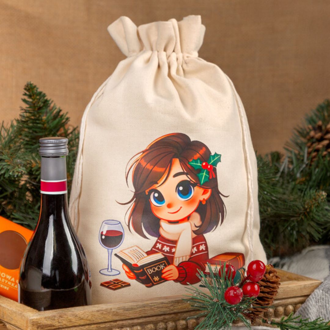 Bolsa de algodón con estampado de un personaje de dibujos animados, junto a una botella de vino.