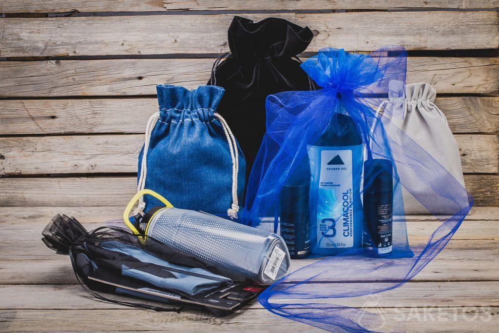 Cosméticos, artículos deportivos: regalos para hombres en elegantes bolsos de tela