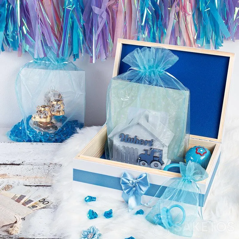 Bolsas de organza para regalos y souvenirs para bautizo de niño