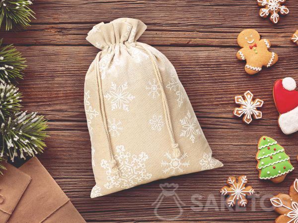 Bolsa de lino para Navidad con estampado de copos de nieve