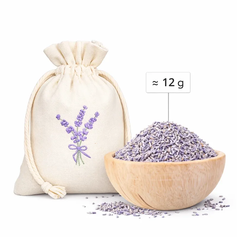 Bolsas para lavanda 9 x 12 cm en tela efecto lino con bordado de lavanda, capacidad aprox. 12 g de lavanda seca.