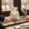 Bolsas de lino para joyería en tienda de joyas, embalaje regalo premium