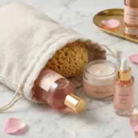 Bolsas de lino con cosméticos de cuidado sobre superficie de mármol
