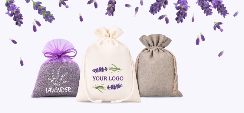 Saquitos de lavanda personalizados de organza, algodón y lino con logo propio.