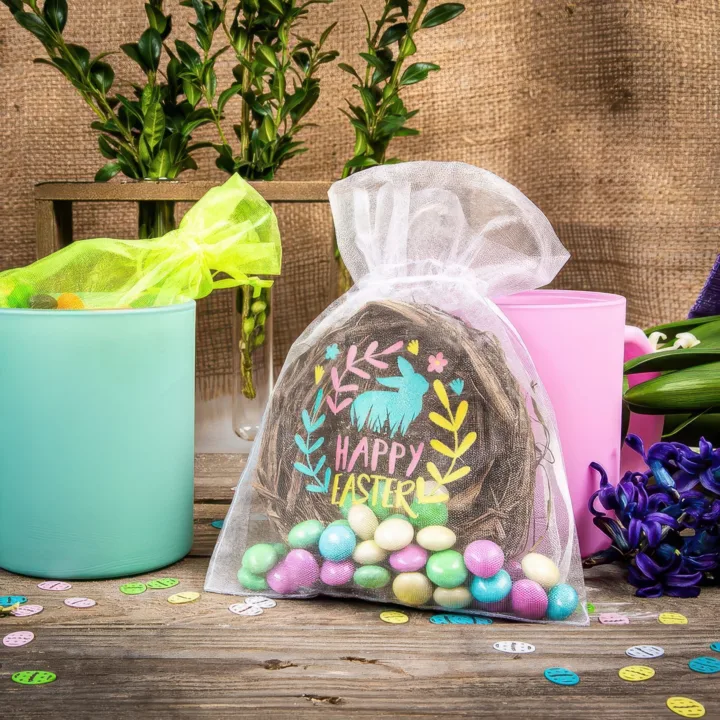 Bolsita de organza transparente con diseño de Pascua y huevos de caramelo.