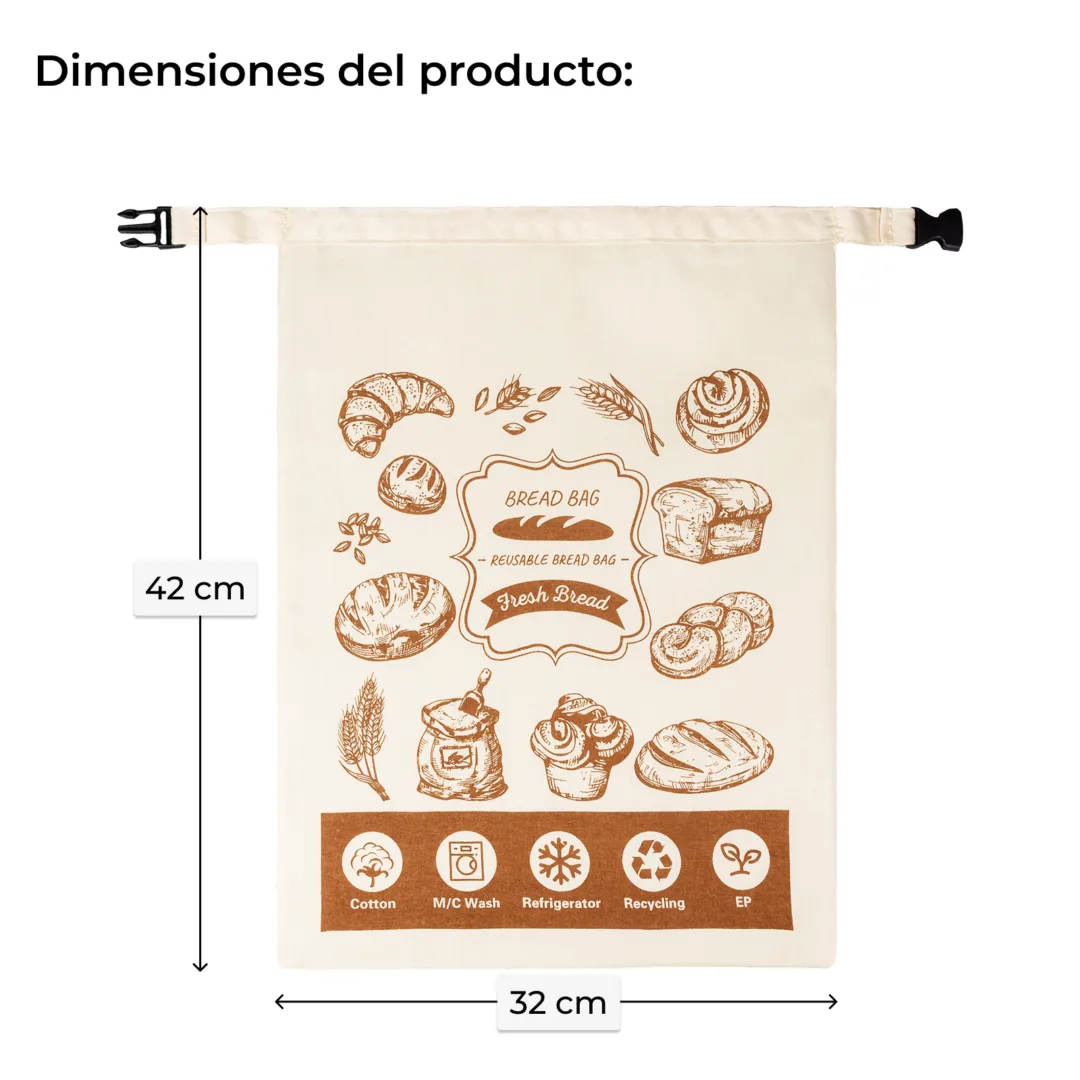 Bolsa de algodón para pan con medidas 32 x 42 cm y cierre de clip