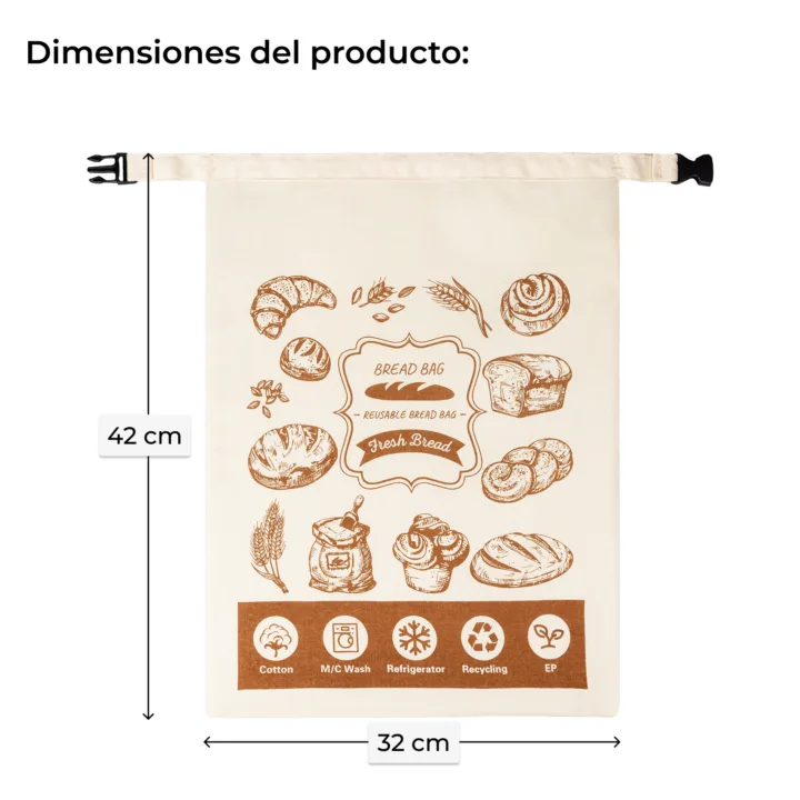 Bolsa de algodón para pan con medidas 32 x 42 cm y cierre de clip