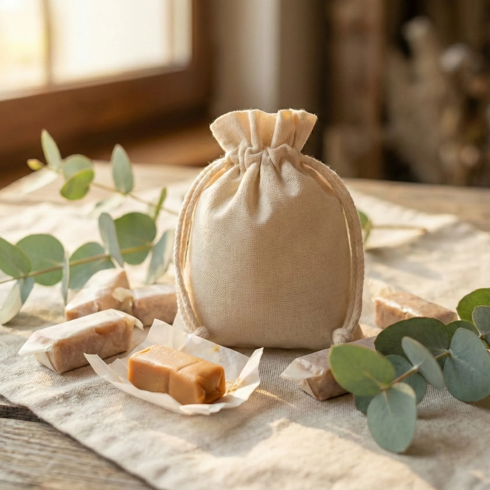 Bolsa de algodón para caramelos y productos naturales con cierre de cordón reutilizable